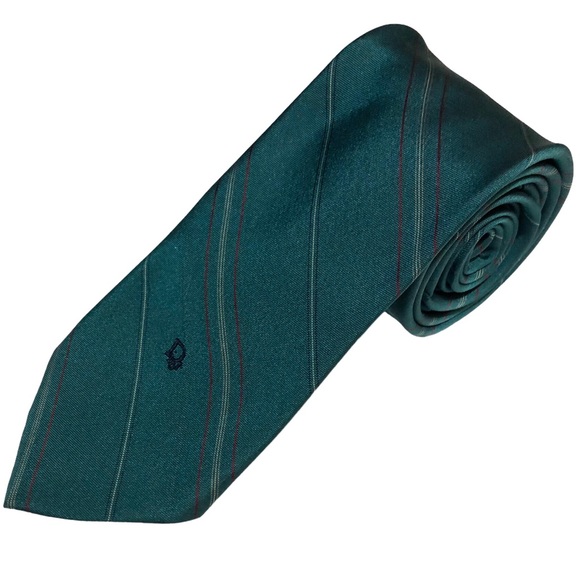 CHRISTIAN DIOR Teal Striped Silk Blend Tie- VINTAGE - Picture 7 of 7